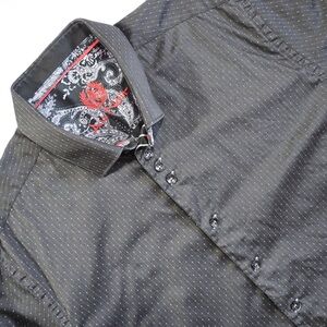 Au Noir Sz 4(L) Men's Black Button Down Shirt with Patterned Collar 100% Cotton